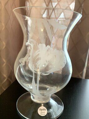 Spode Floral Haven Etched Glass Hurricane Vase Germany 8" Rare w/Sand & Candle